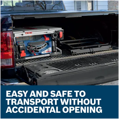 Features/Claims image of Bosch GTA571 Folding Table Saw Scissor Stand with application.