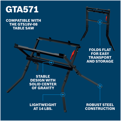 Walkaround Image of Bosch GTA571 Folding Table Saw Scissor Stand on a blue background.
