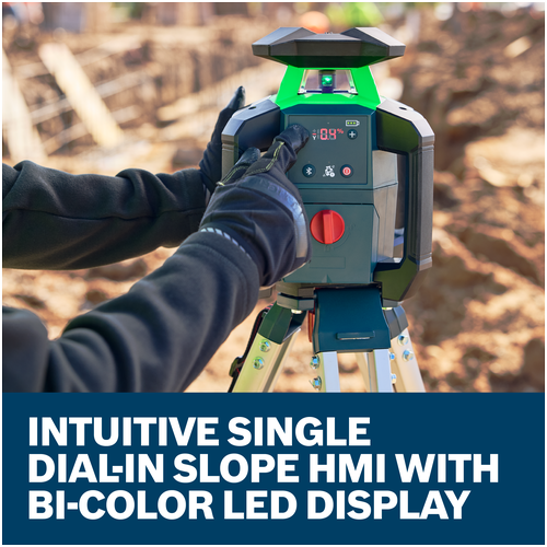 A worker in gloves adjusting the slope on a Bosch GRL18V-34K rotary laser level on a tripod at a construction site.
