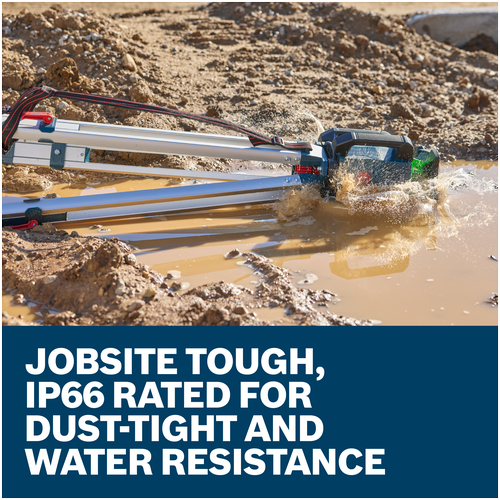 Bosch GRL18V-34K rotary laser on a tripod falling and splashing into muddy water. IP66 for dust-tight and water resistance.