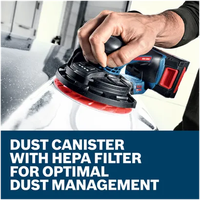 Features/Claims image of Bosch EXEX18V-150-5N 18V Random Orbit Sander.