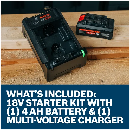 Features/Claims image of Bosch GXS18V-25N14X 18V Starter Kit with Expert 18V High Power Battery and Multi-Voltage Fast Charger.