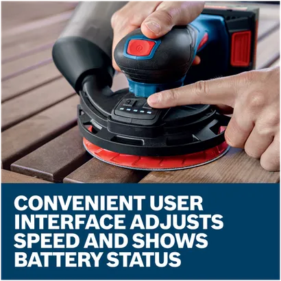 Features/Claims image of Bosch EXEX18V-150-5N 18V Random Orbit Sander.