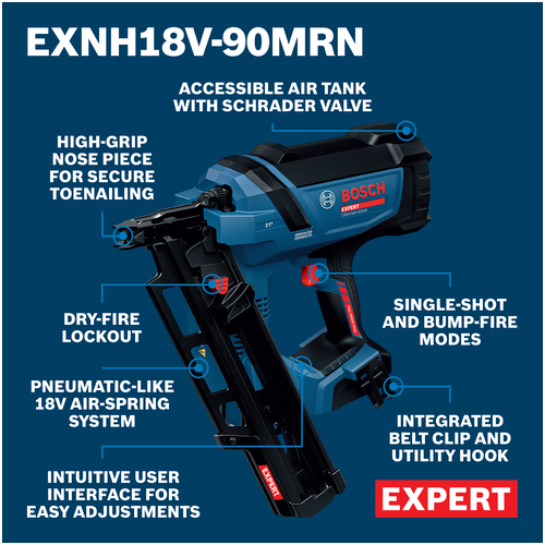 Bosch EXNH18V-90MRN EXPERT Framing Nailer walkaround featuring the nailer with text around the it pointing to its features.