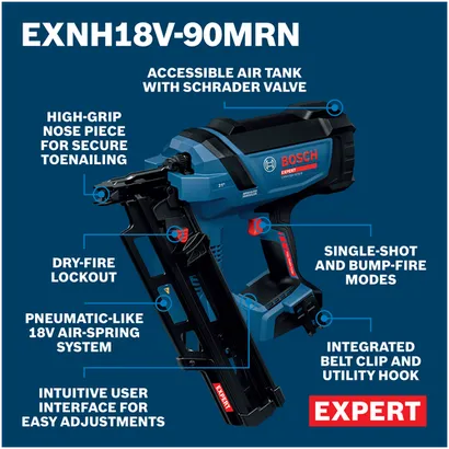 Bosch EXNH18V-90MRN EXPERT Framing Nailer walkaround featuring the nailer with text around the it pointing to its features.