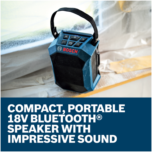 Features/Claims image of Bosch GPB18V-1CN 18V Jobsite Bluetooth® Speaker with application.