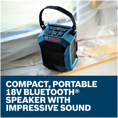 Features/Claims image of Bosch GPB18V-1CN 18V Jobsite Bluetooth® Speaker with application.
