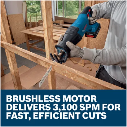 Features/Claims image of Bosch GSA18V-280N 18V Brushless Reciprocating Saw with application.