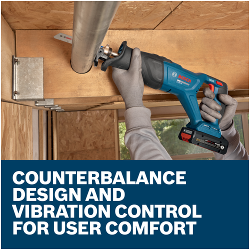 Features/Claims image of Bosch GSA18V-280N 18V Brushless Reciprocating Saw with application.
