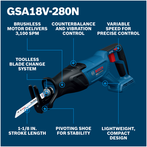 Walkaround Image of Bosch GSA18V-280N 18V Brushless Reciprocating Saw on a blue background.
