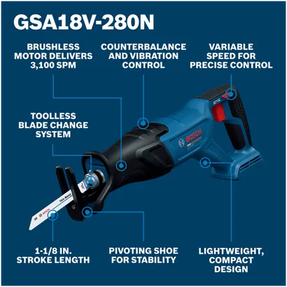 Walkaround Image of Bosch GSA18V-280N 18V Brushless Reciprocating Saw on a blue background.