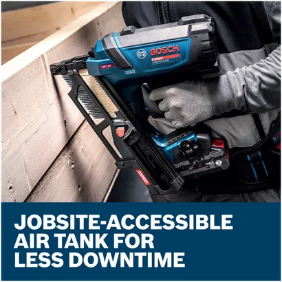 Features/Claims image of Bosch EXNH18V-90MDB14 EXPERT Framing Nailer Kit with application.