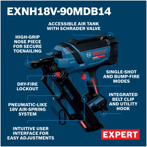 Walkaround Image of Bosch EXNH18V-90MDB14 EXPERT Framing Nailer Kit on a blue background.