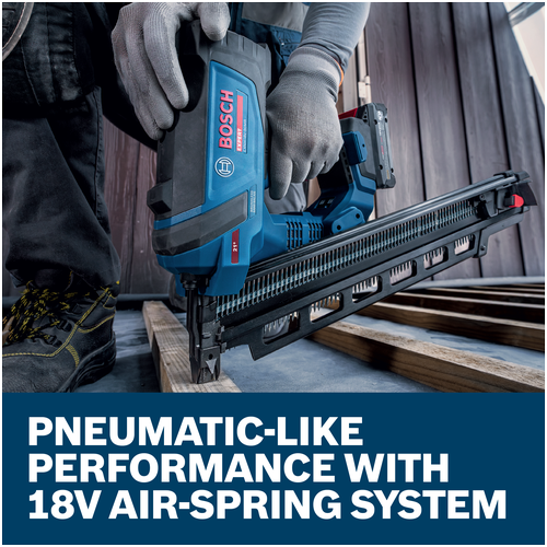 A worker using a Bosch EXNH18V-90MRB14 Expert Framing Nailer to drive nails into a wooden board.