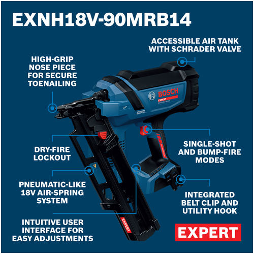 Bosch EXNH18V-90MRB14X EXPERT Framing Nailer Kit walkaround displaying an image with surrounding text on the features.