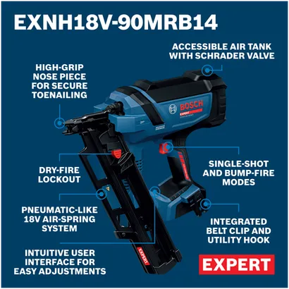 Bosch EXNH18V-90MRB14X EXPERT Framing Nailer Kit walkaround displaying an image with surrounding text on the features.