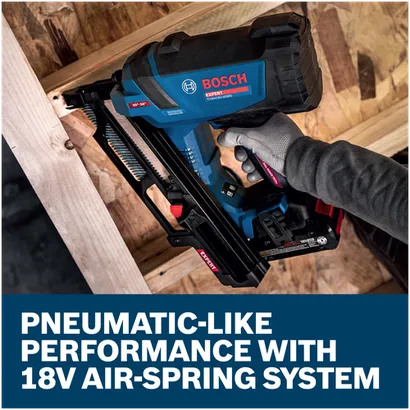 Features/Claims image of Bosch EXNH18V-90MDB14 EXPERT Framing Nailer Kit with application.