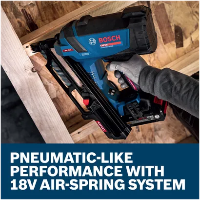 Features/Claims image of Bosch EXNH18V-90MDN 18V Brushless 30 Degree Framing Nailer with application.
