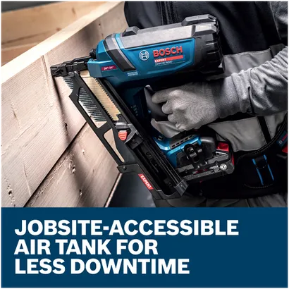 Features/Claims image of Bosch EXNH18V-90MDN 18V Brushless 30 Degree Framing Nailer with application.