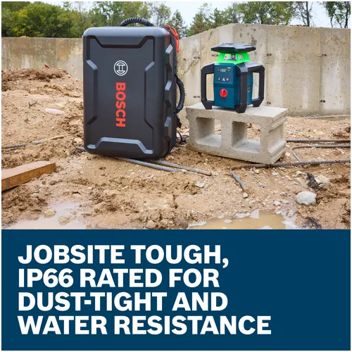 Bosch GRL18V-34P 18V Green-Beam Horizontal/Vertical Rotary Laser next to a hard rotary laser backpack on an exterior jobsite.