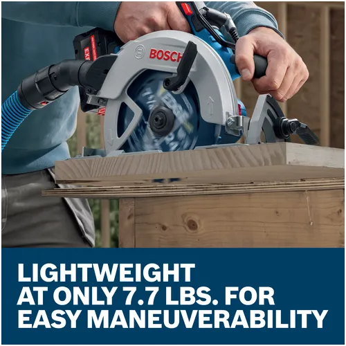 A worker using a Bosch GKS18V-68-2N 18V circular saw to cut a wooden board, stating it is lightweight at only 7.7 lbs.