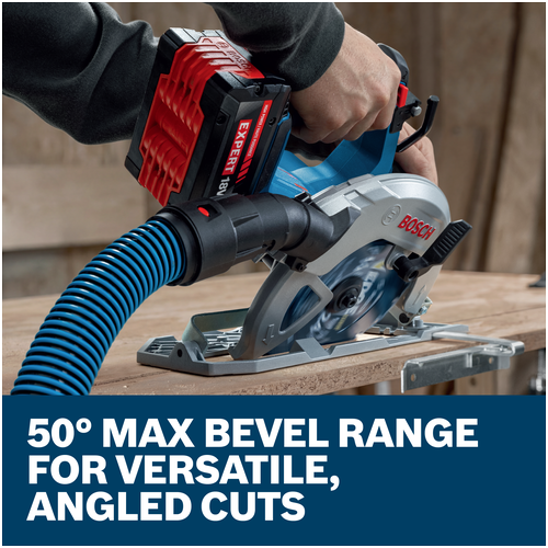 A worker using a Bosch GKS18V-68-2N 18V circular saw with a dust-collection hose cutting wood.