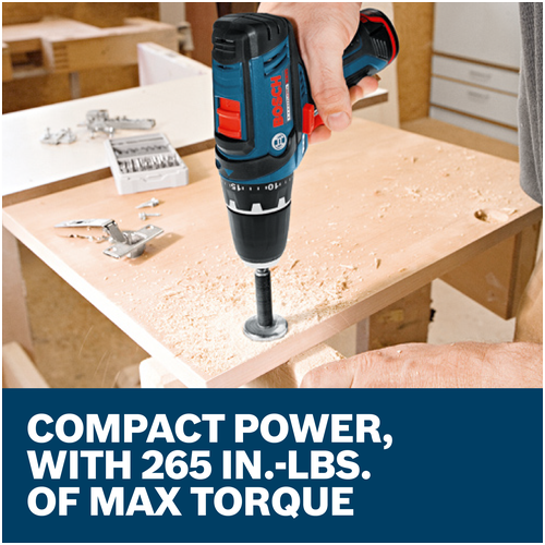 Features/Claims image of Bosch PS31-2A 12V Max 3/8 In. Drill/Driver Kit with applications and text on blue background.