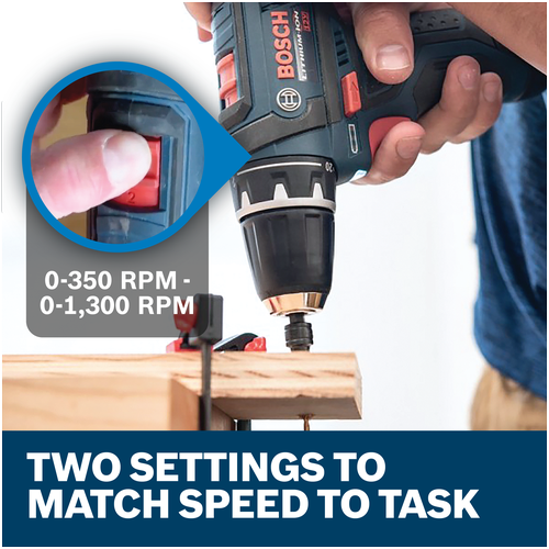 Features/Claims image of Bosch PS31-2A 12V Max 3/8 In. Drill/Driver Kit with applications and text on blue background.