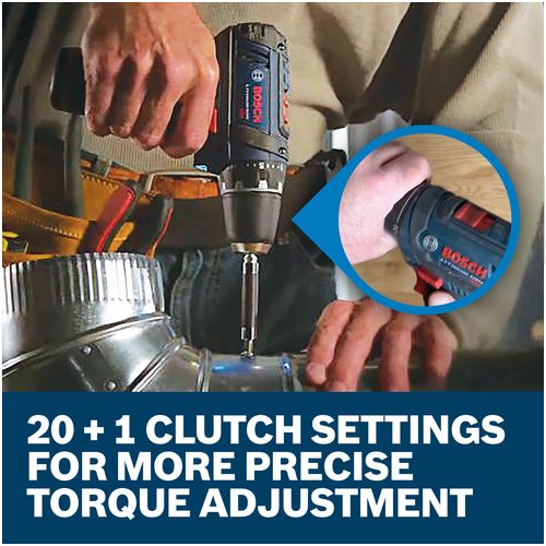 Features/Claims image of Bosch PS31-2A 12V Max 3/8 In. Drill/Driver Kit with applications and text on blue background.