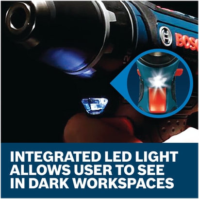 Features/Claims image of Bosch PS31-2A 12V Max 3/8 In. Drill/Driver Kit with applications and text on blue background.