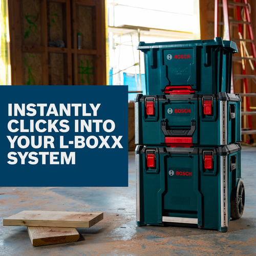 Bosch Bosch L-BOXX Contractor Tool Crate featured among other sized blue storage boxes construction site.