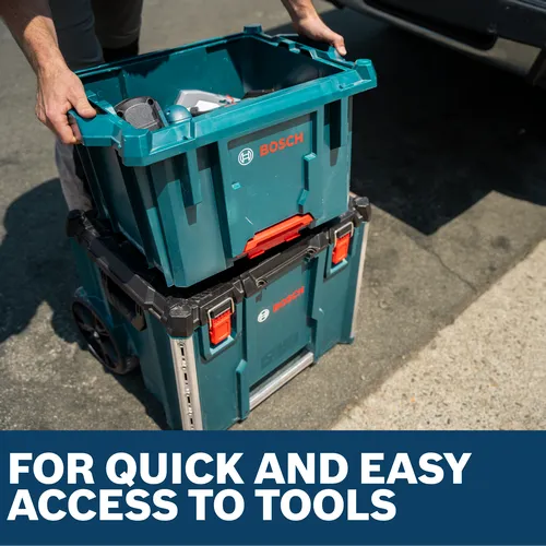A person lifting a Bosch L-BOXX Contractor Tool Crate off of another contractor tool box.