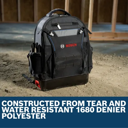 Features/Claims image of Bosch BACKPACK L-BOXX Contractor Backpack with application.