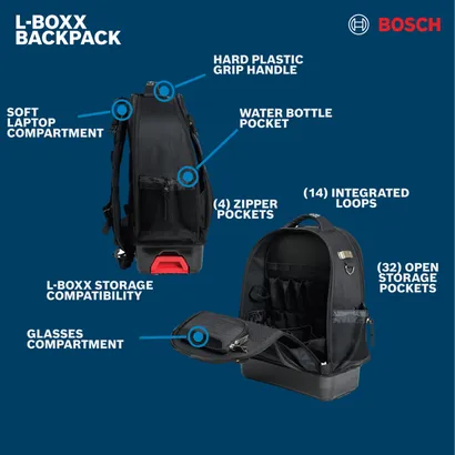 Walkaround Image of Bosch BACKPACK L-BOXX Contractor Backpack on a blue background.