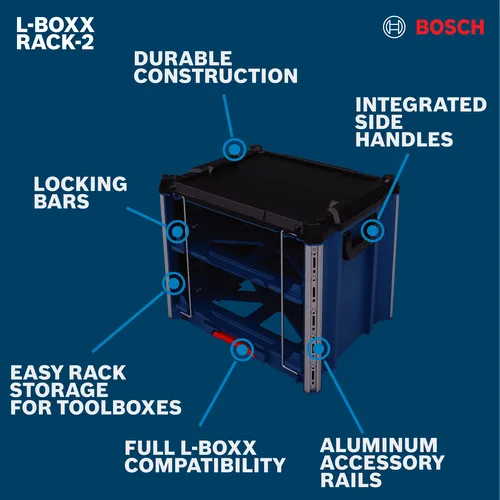 Bosch RACK-2 L-BOXX Contractor Rack walkaround displaying an image with surrounding text about the features.