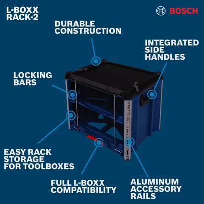 Bosch RACK-2 L-BOXX Contractor Rack walkaround displaying an image with surrounding text about the features.