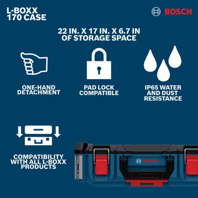 Features/Claims image of Bosch 170 L-BOXX Contractor Standard Box on a blue background.