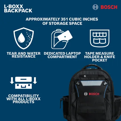Features/Claims image of Bosch BACKPACK L-BOXX Contractor Backpack on a blue background.