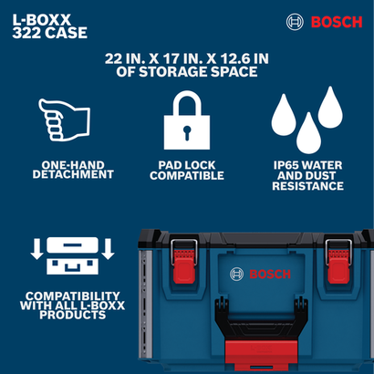 Bosch 322 L-BOXX Contractor Midsize Box featuring one-hand detachment, padlock, compatibility, and dimensions.
