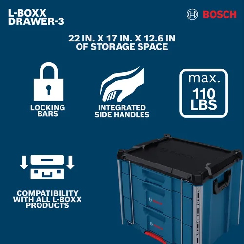 Features/Claims image of Bosch DRAWER-3 L-BOXX Contractor Drawer-Shelf on a blue background.