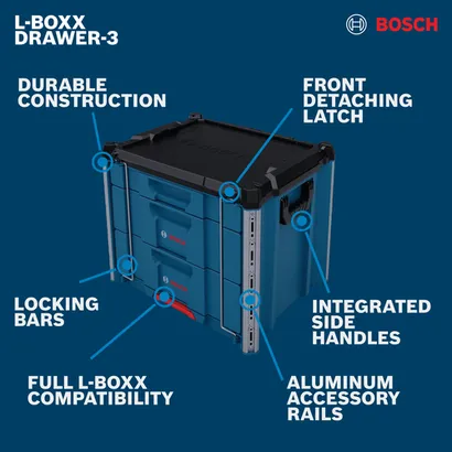 Walkaround Image of Bosch DRAWER-3 L-BOXX Contractor Drawer-Shelf on a blue background.