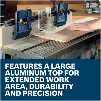 Features/Claims Image of Bosch RA1181 Benchtop Router with application and text on a blue background.