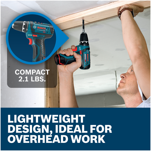 Features/Claims image of Bosch PS31-2A 12V Max 3/8 In. Drill/Driver Kit with applications and text on blue background.