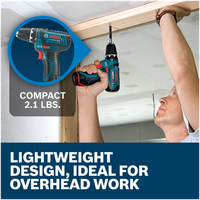 Features/Claims image of Bosch PS31-2A 12V Max 3/8 In. Drill/Driver Kit with applications and text on blue background.