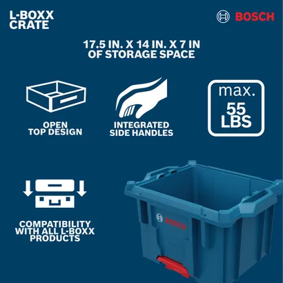 Bosch L-BOXX Contractor Tool Crate displaying features and dimensions (17.5" x 14" x 7", max 55 lbs).