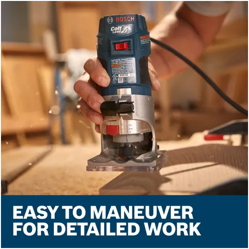 Features/Claims Image of Bosch PR20EVS Variable-Speed Palm Router with applications and text on blue background.