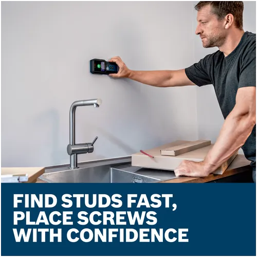 Features/Claims image of Bosch GMS120-27 Wall Scanner with application and text on blue background.