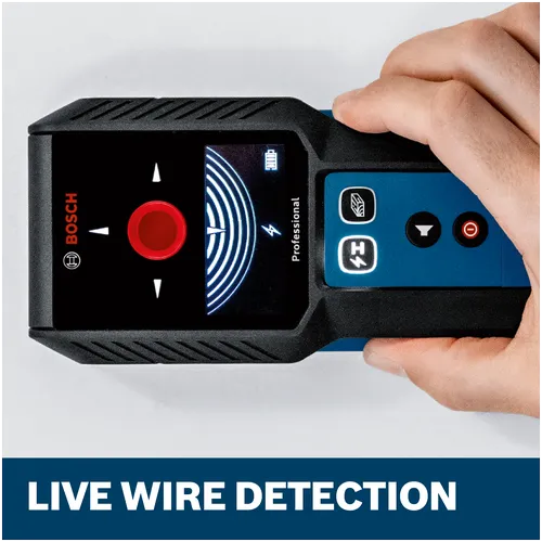 Features/Claims image of Bosch GMS120-27 Wall Scanner with application and text on blue background.