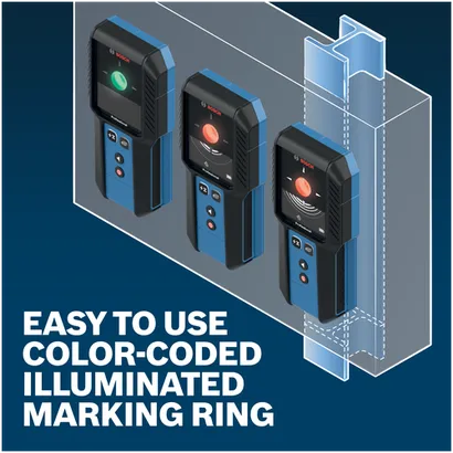 Features/Claims image of Bosch GMS120-27 Wall Scanner with application and text on blue background.
