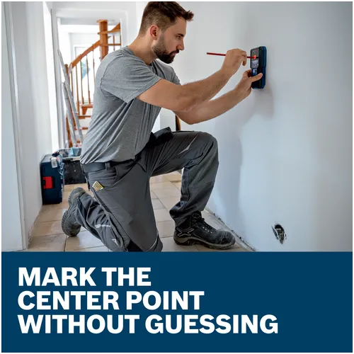 Features/Claims image of Bosch GMS120-27 Wall Scanner with application and text on blue background.
